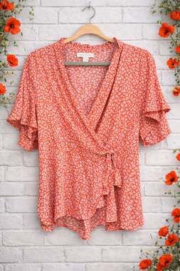 Monteau Los Angeles Floral Print Ruffle Wrap Peplum Top